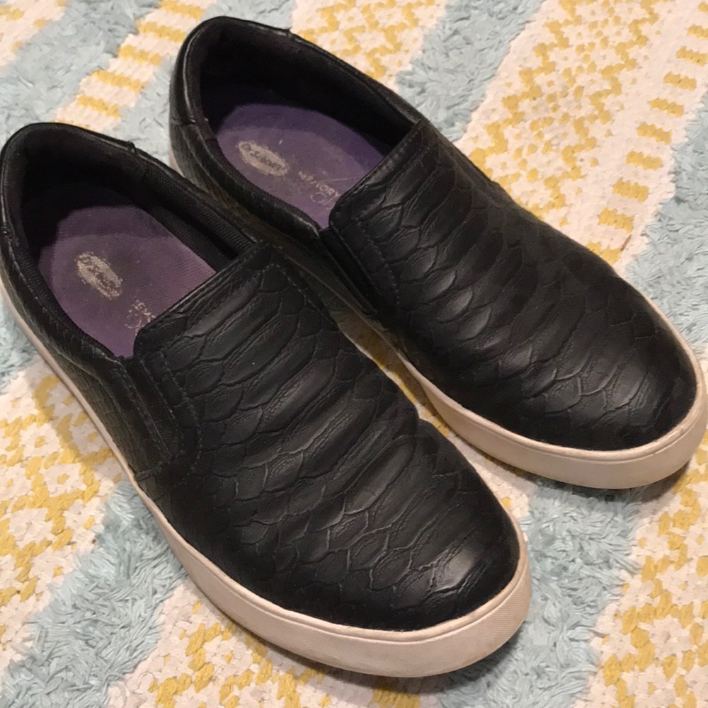 Black, snake skin pattern leather slip on shoes